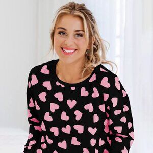 Black Valentine Heart Shape Print Long Sleeve Top Shorts Lounge Set